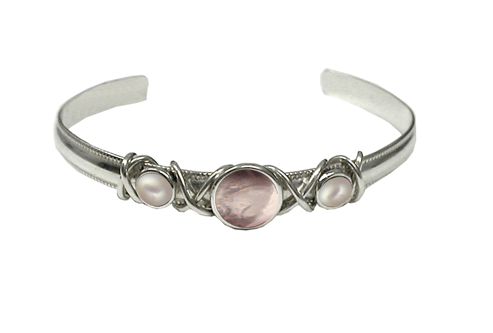 Sterling Silver Hand Made Cuff Bracelet With Rose Quartz And Cultured Freshwater Pearl